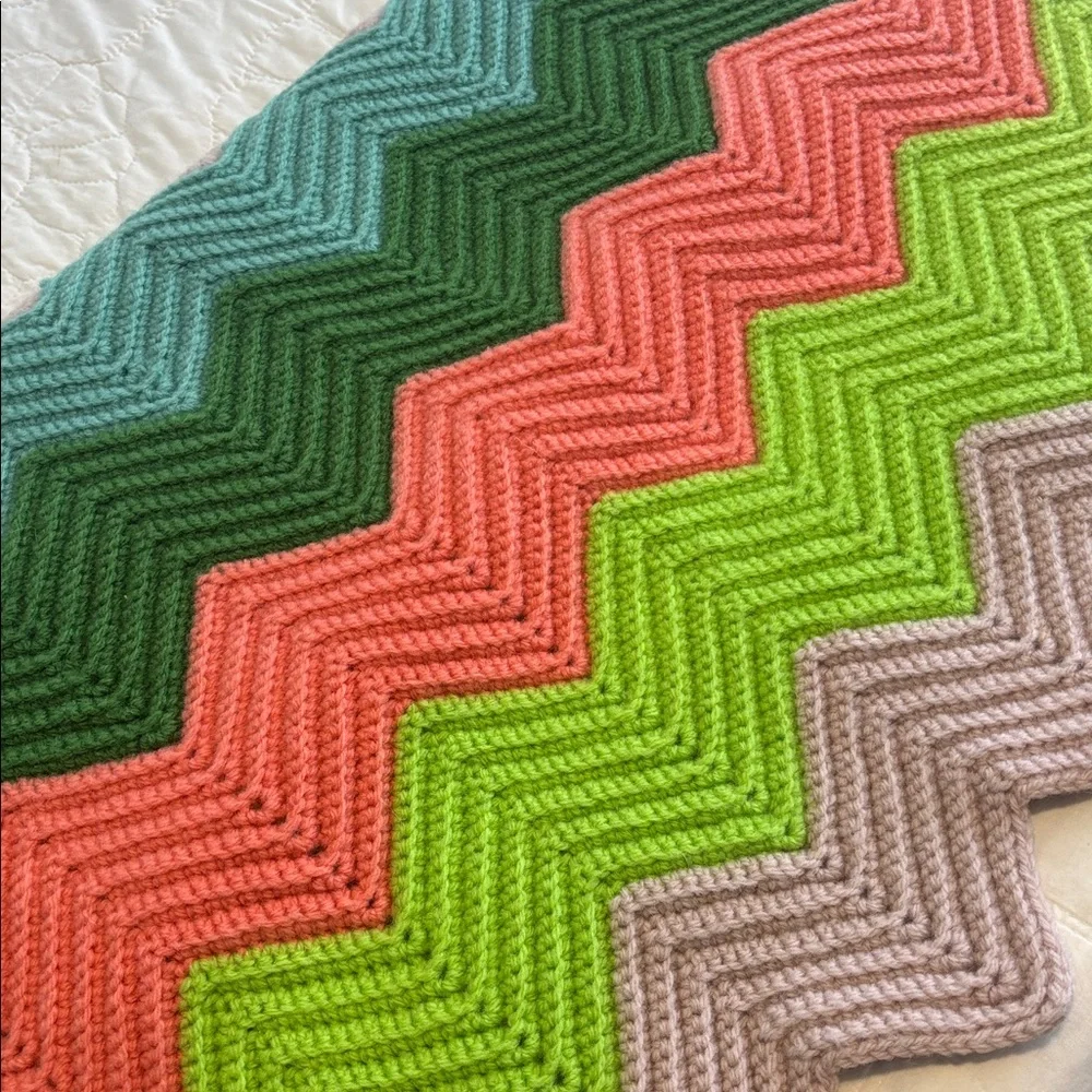 Handmade Crocheted Wool Chevron Afghan Blanket Throw